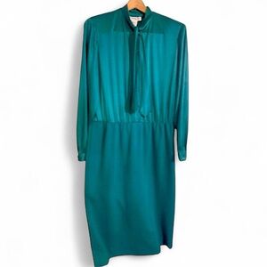 HENRY LEE 70’s Emerald Green Mixed Media Satin Wool P* Bow LS Midi Dress Sz 16